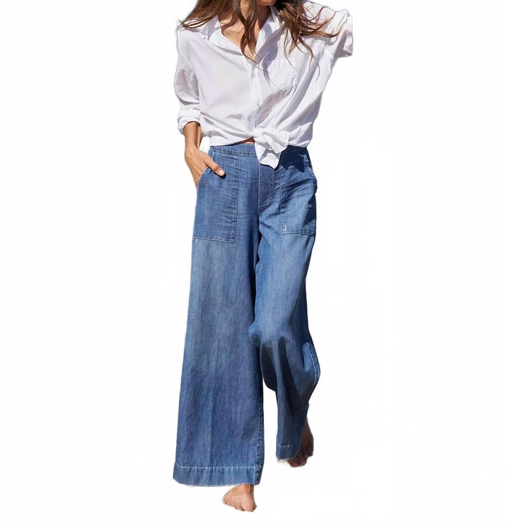NEW FRANK & EILEEN patch pocket pull-on pant in distressed indigo washed denim